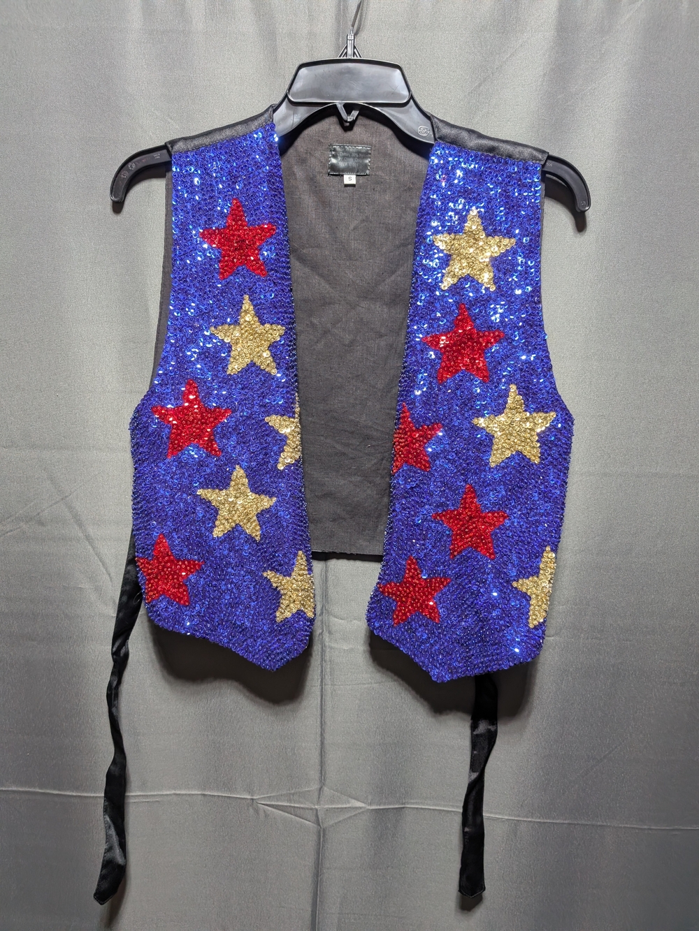 Sequin Star Tie-Front Vest - Blue with Red & Gold Stars